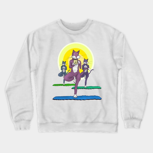 Yoga Cats and Coffee - Tree Pose - Third Eye Open - Funny Cartoon Crewneck Sweatshirt by davidscohen